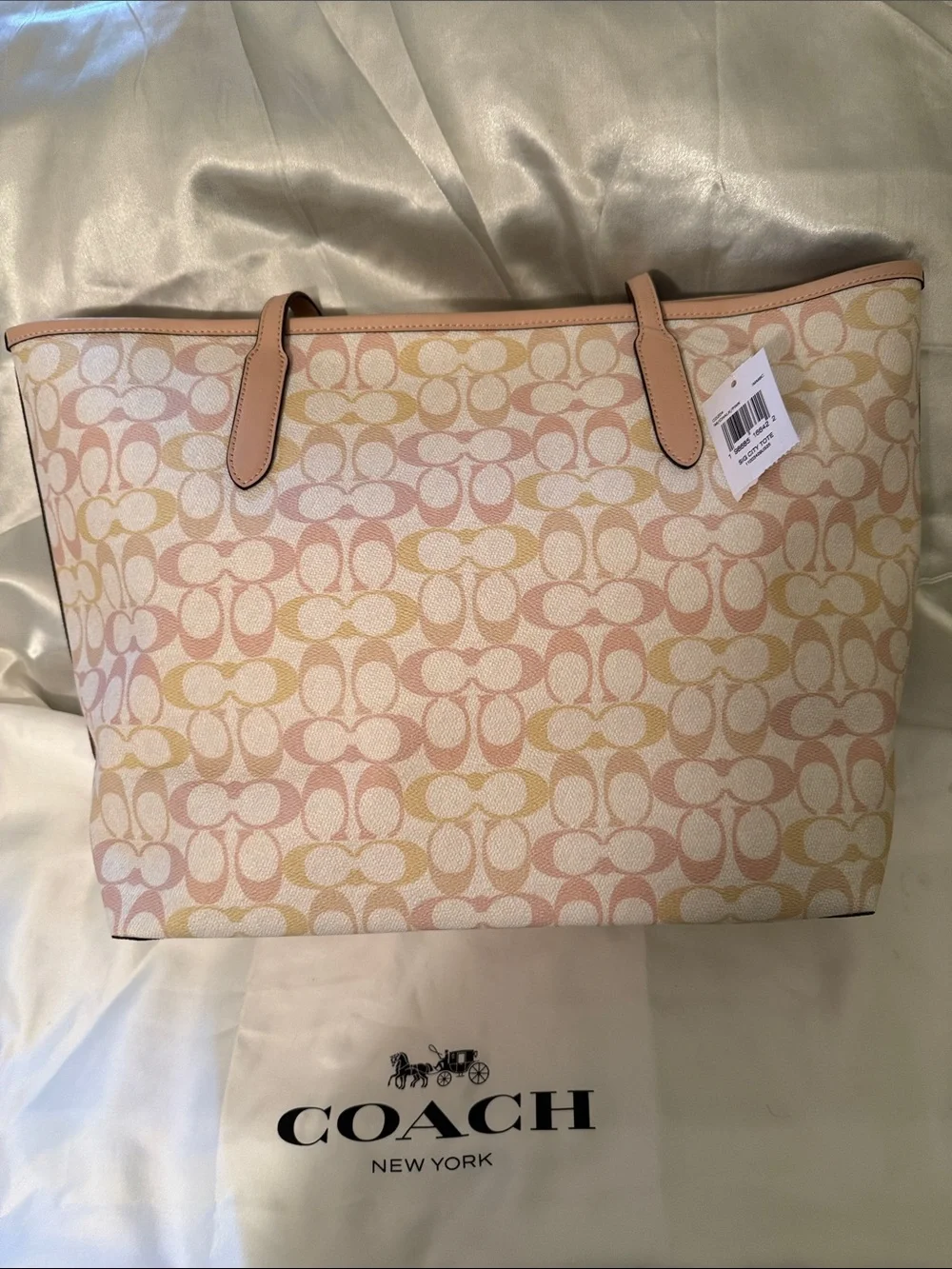 🩷🧡Coach NWT Pink/Peach Signature C Pastel Logo City Tote Bag / Gold Hardware